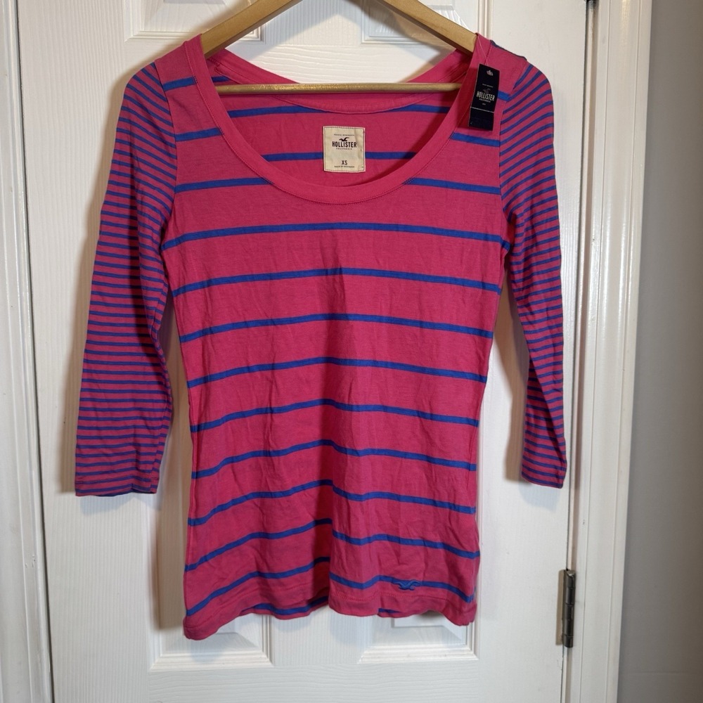 New Hollister Women's Pink & Blue Striped 3/4 Sleeve Scoop Neck Shirt XS